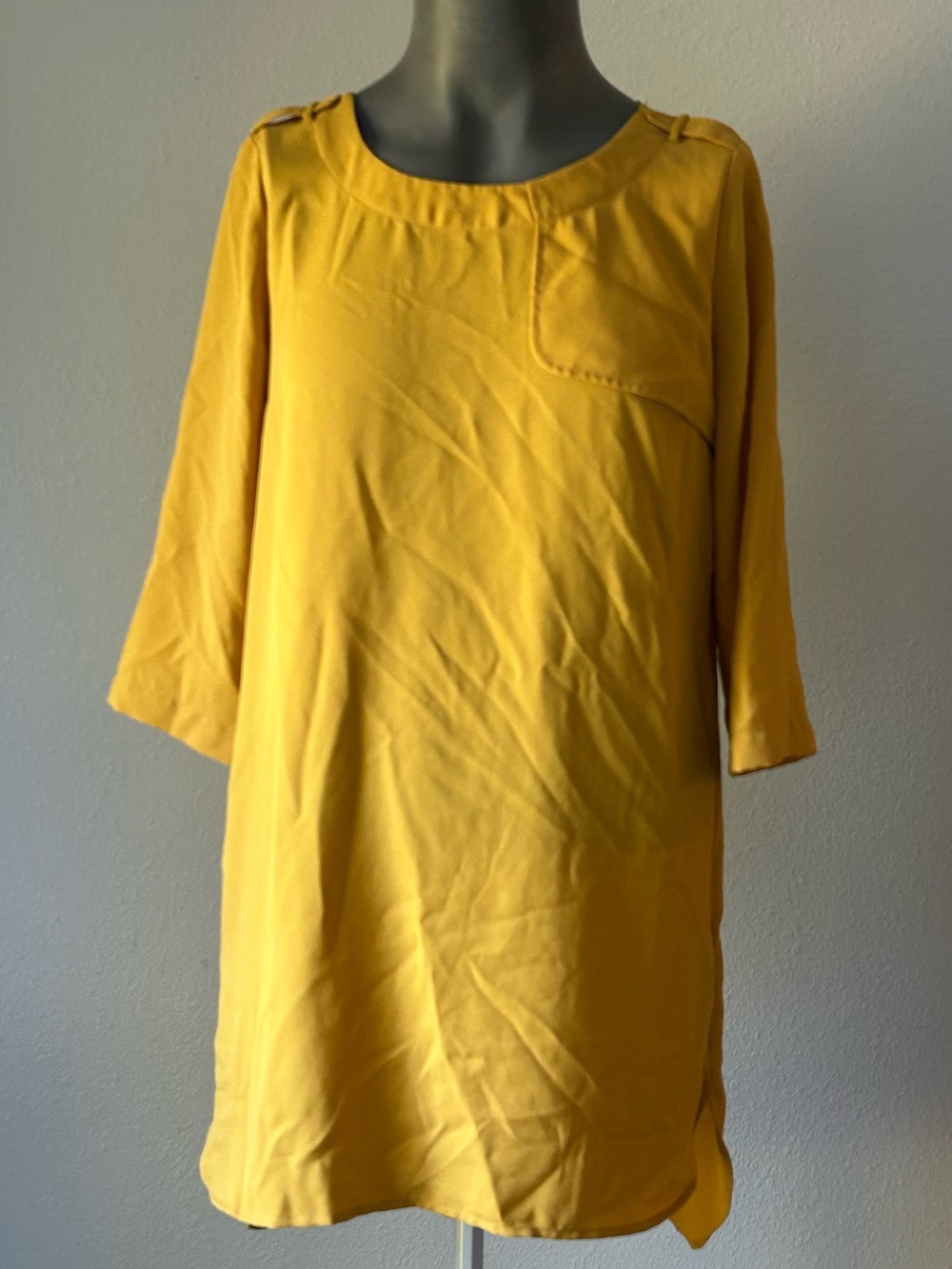 Mo:Vint NY Summer/Fall Goldenrod Yellow 3/4 Sleeve Shift Shirt Dress; Pockets!